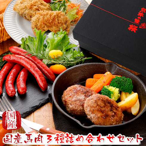 馬刺し 国産 熊本 ギフト 国産馬肉3種詰め合わせセット 手作り馬肉ハンバーグ 馬肉ウィンナー 馬にらメンチカツ 1360g 御中元 贈答 化粧箱大付き 馬肉 贈答 馬刺 純馬刺し ばさし 刺し 産直 国内 通販 名産 お土産 おつまみ 有名 イベント 喜ばれる ヘルシー