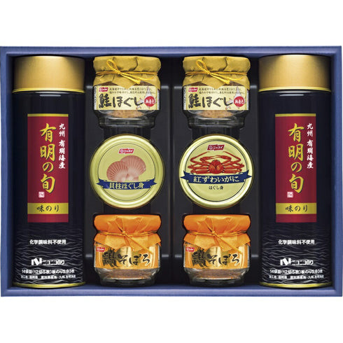 ニコニコのり 有明の旬 海苔・カニ缶・貝柱ほぐし缶・瓶詰め詰合せ MB-50KF